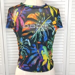 bebe Sheer Tropical Palm Colorful Rainbow Cropped Rhinestone Short Sleeve Top